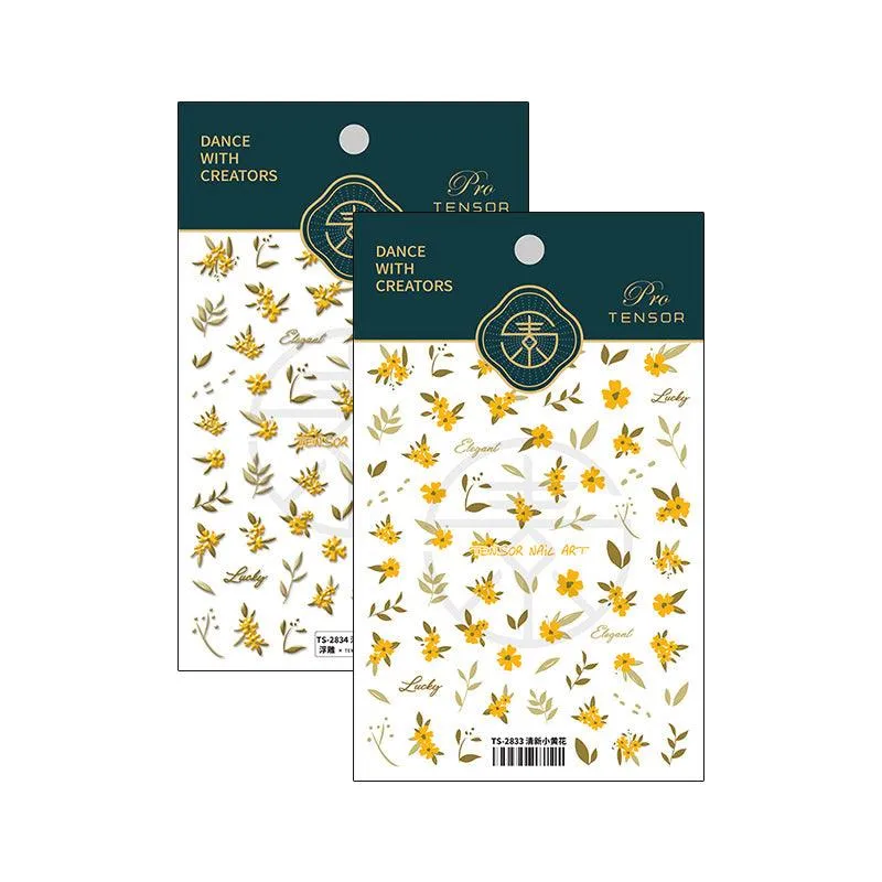 Nail Art Stickers Adhesive Slider Embossed Yellow Flower Sticker Decals TS2833