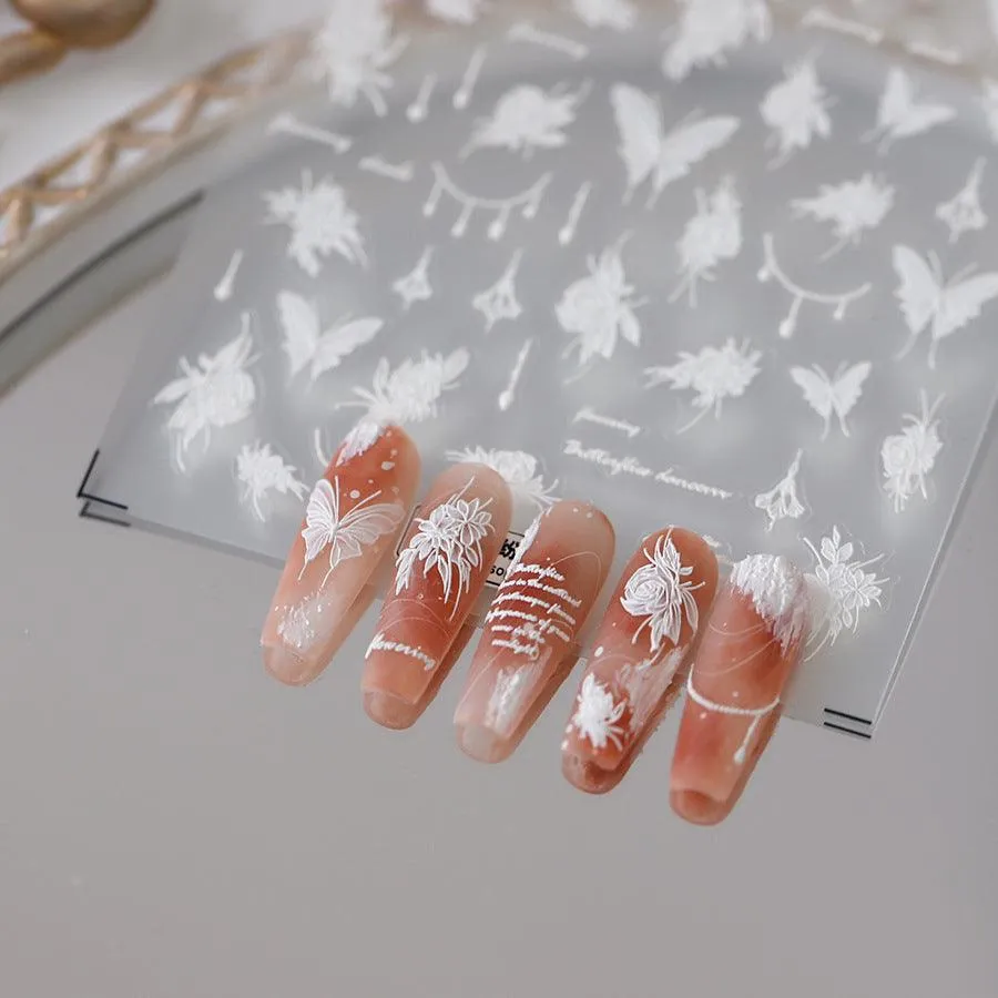 Nail Art Stickers Adhesive Slider White Butterfly Flower Embossed Sticker Decals TS3621