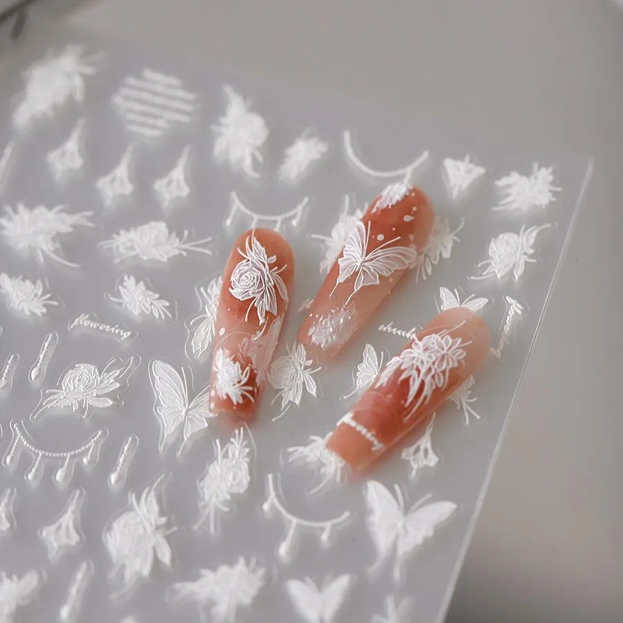 Nail Art Stickers Adhesive Slider White Butterfly Flower Embossed Sticker Decals TS3621