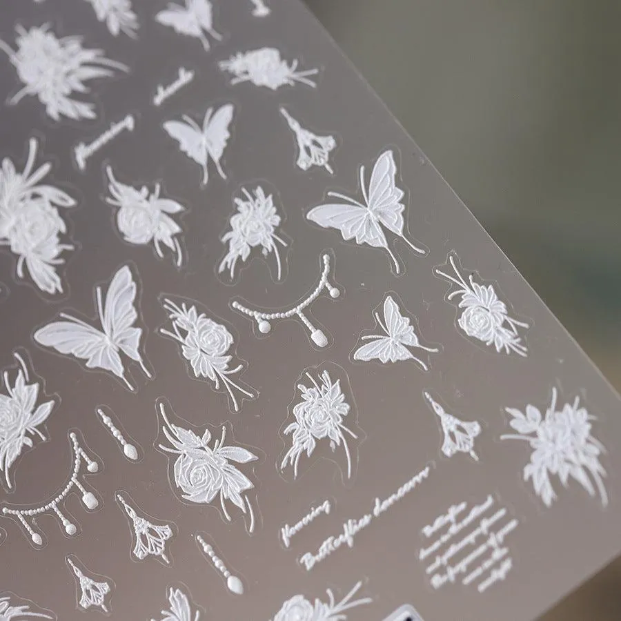 Nail Art Stickers Adhesive Slider White Butterfly Flower Embossed Sticker Decals TS3621