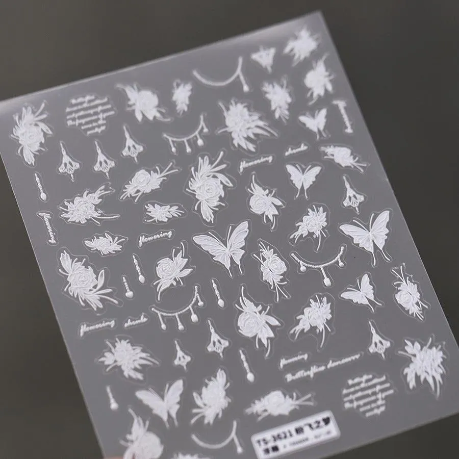 Nail Art Stickers Adhesive Slider White Butterfly Flower Embossed Sticker Decals TS3621