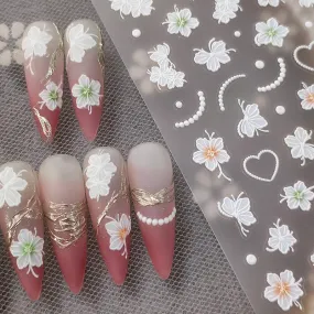 Nail Art Stickers Adhesive Slider White Flower Embossed Sticker Decals