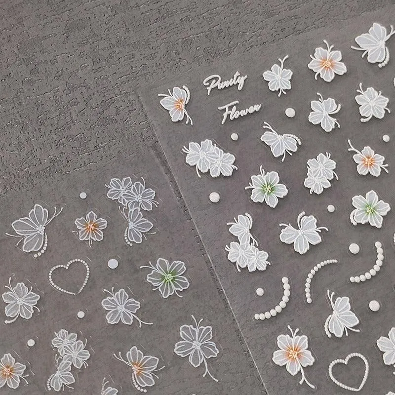 Nail Art Stickers Adhesive Slider White Flower Embossed Sticker Decals