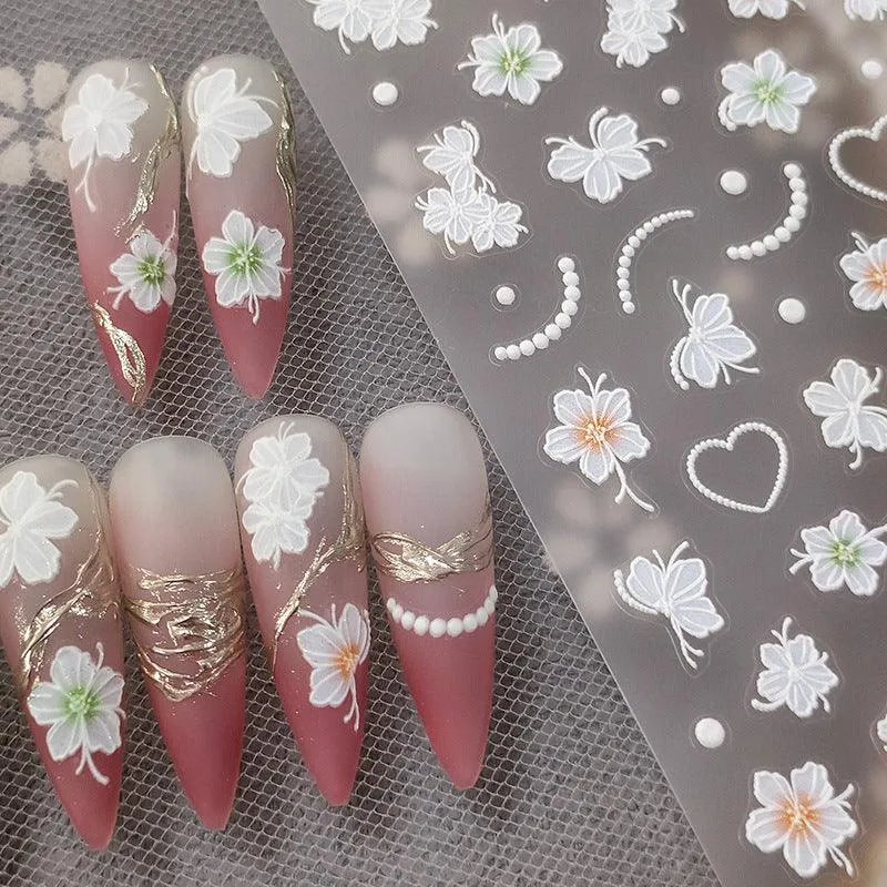Nail Art Stickers Adhesive Slider White Flower Embossed Sticker Decals