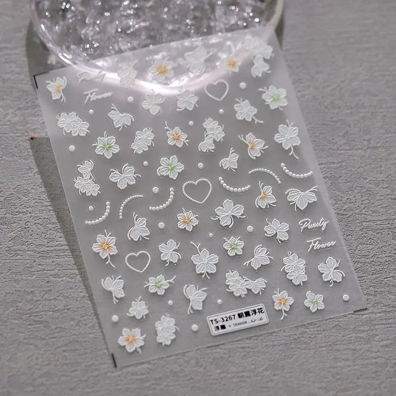Nail Art Stickers Adhesive Slider White Flower Embossed Sticker Decals