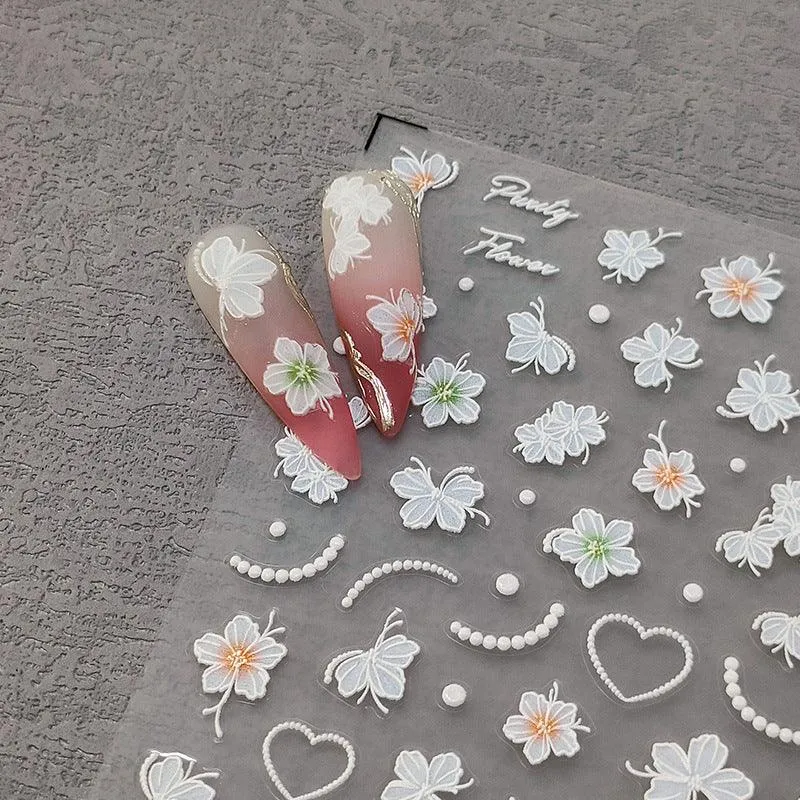 Nail Art Stickers Adhesive Slider White Flower Embossed Sticker Decals