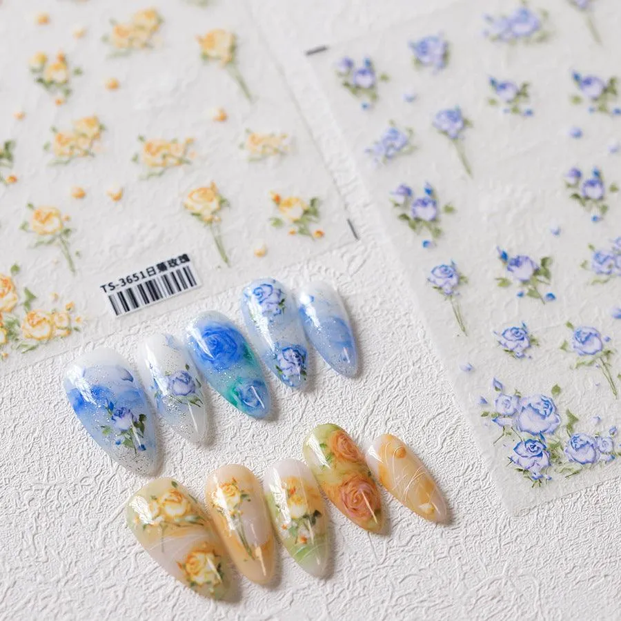 Nail Art Stickers Adhesive Slider Yellow Blue Rose Sticker Decals