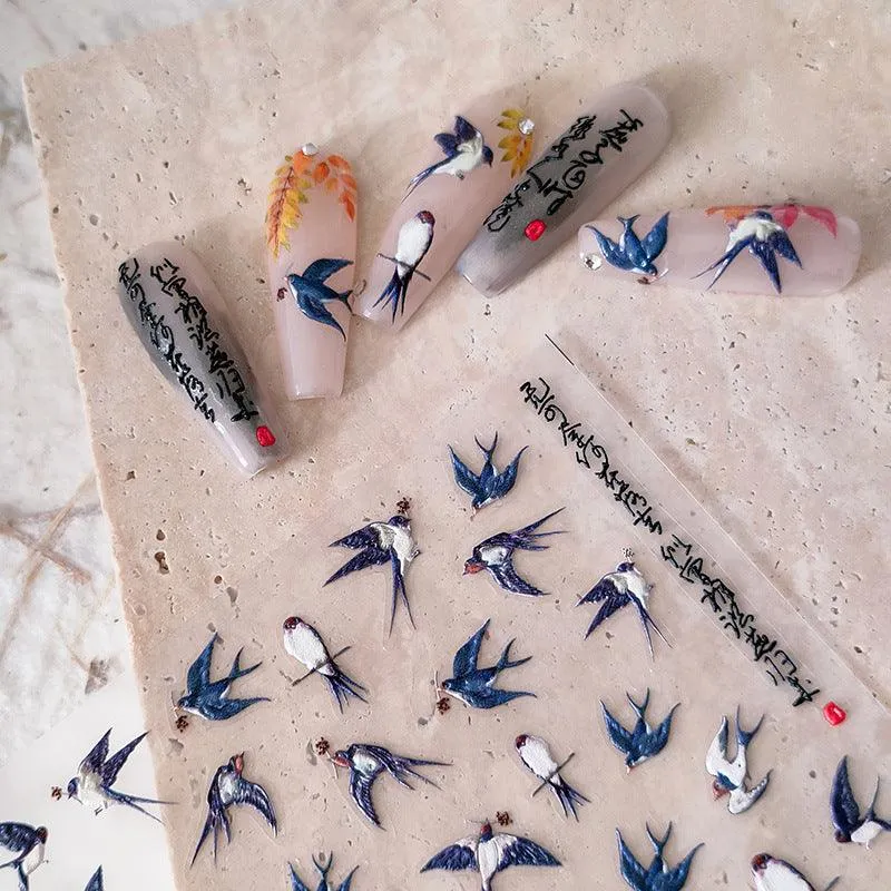 Nail Art Stickers Adhesive Sliders Embossed Swallow Sticker Decals TS1983