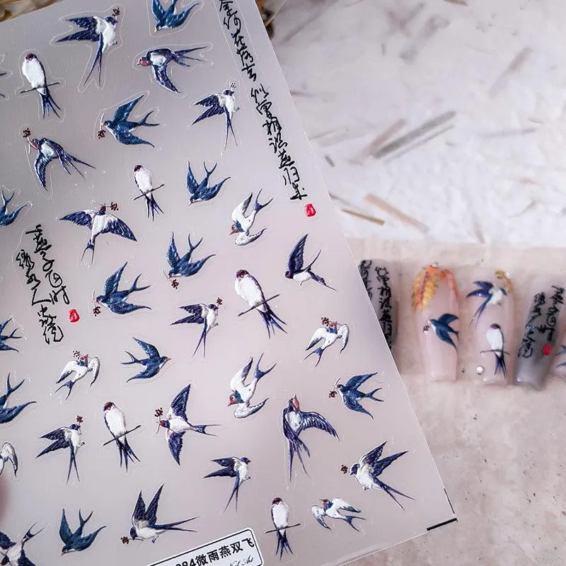 Nail Art Stickers Adhesive Sliders Embossed Swallow Sticker Decals TS1983