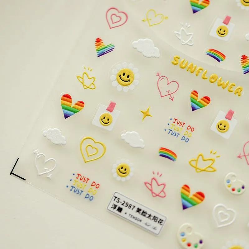 Nail Art Stickers Adhesive Sliders Smile Sunflower Embossed Sticker Decals