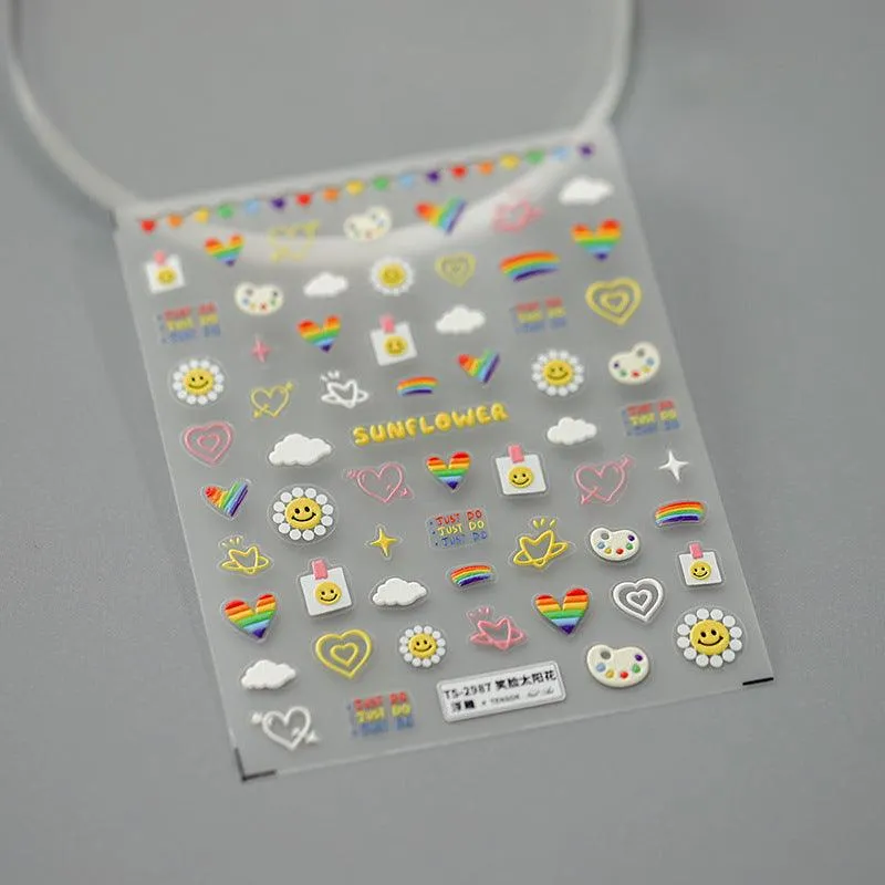 Nail Art Stickers Adhesive Sliders Smile Sunflower Embossed Sticker Decals