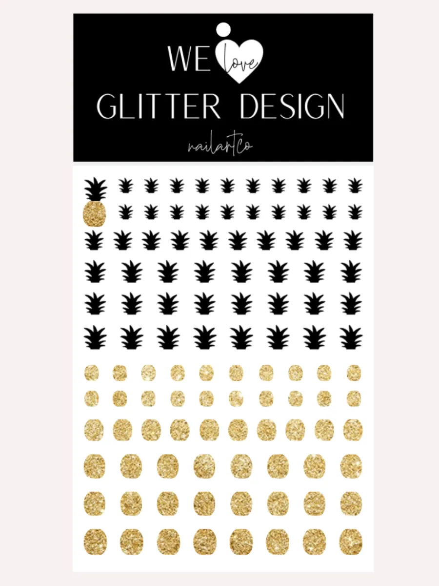 Pineapple 2 Tone Nail Decal | Black Top & Sparkle Gold Bottom