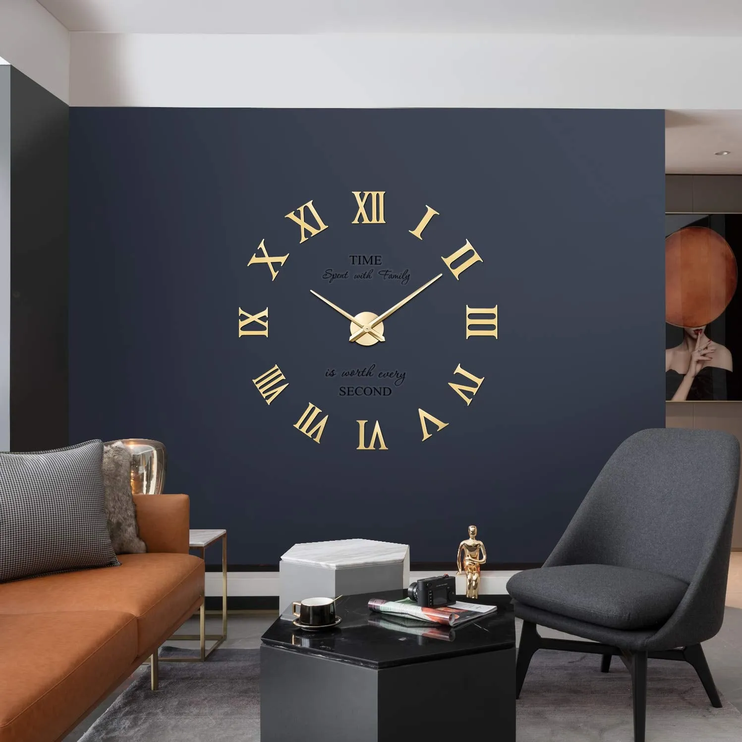 VREAONE Large 3D DIY Wall Clock, Giant Roman Numerals Clock Frameless Mirror Big Wall Clock Home Decoration for Living Room Bedroom (Gold)
